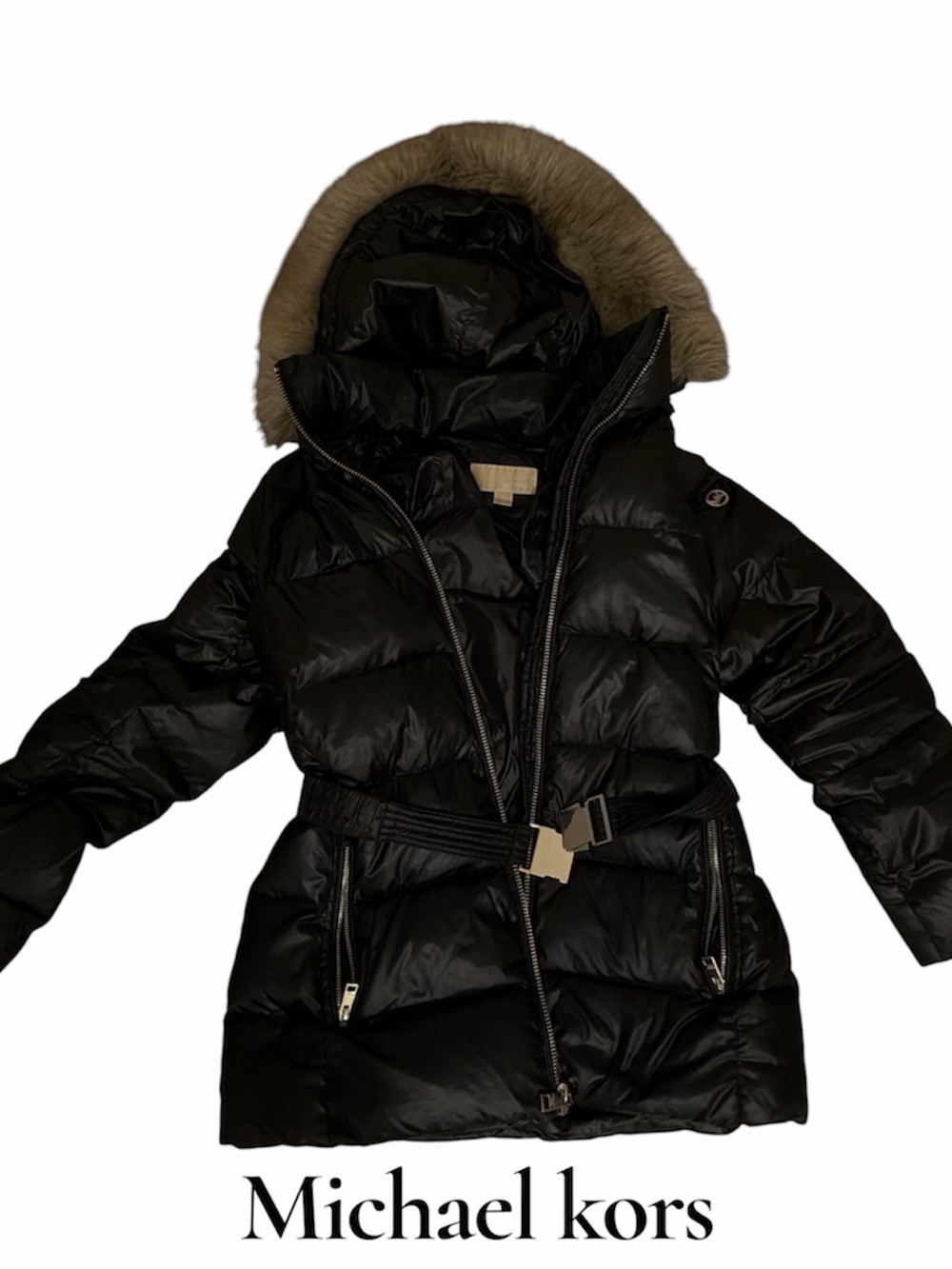 Michael Kors Black Belted Down Puffer Coat with Fur-Trim Hood - Picture 1 of 1